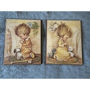 2 Coby Vintage Praying Children Wooden Wall Plaques